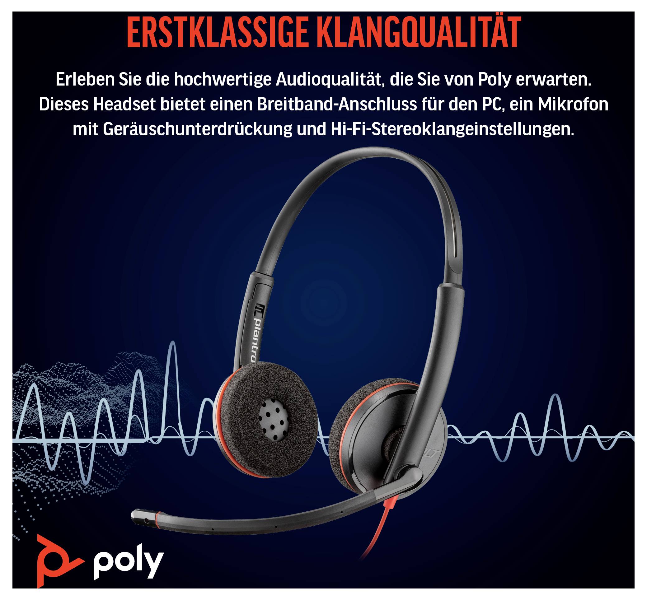 Ein schwarzes und rotes Poly-Headset auf blauem Hintergrund. Der Text in Deutsch bewirbt seine Funktionen: „Erstklassige Klangqualität