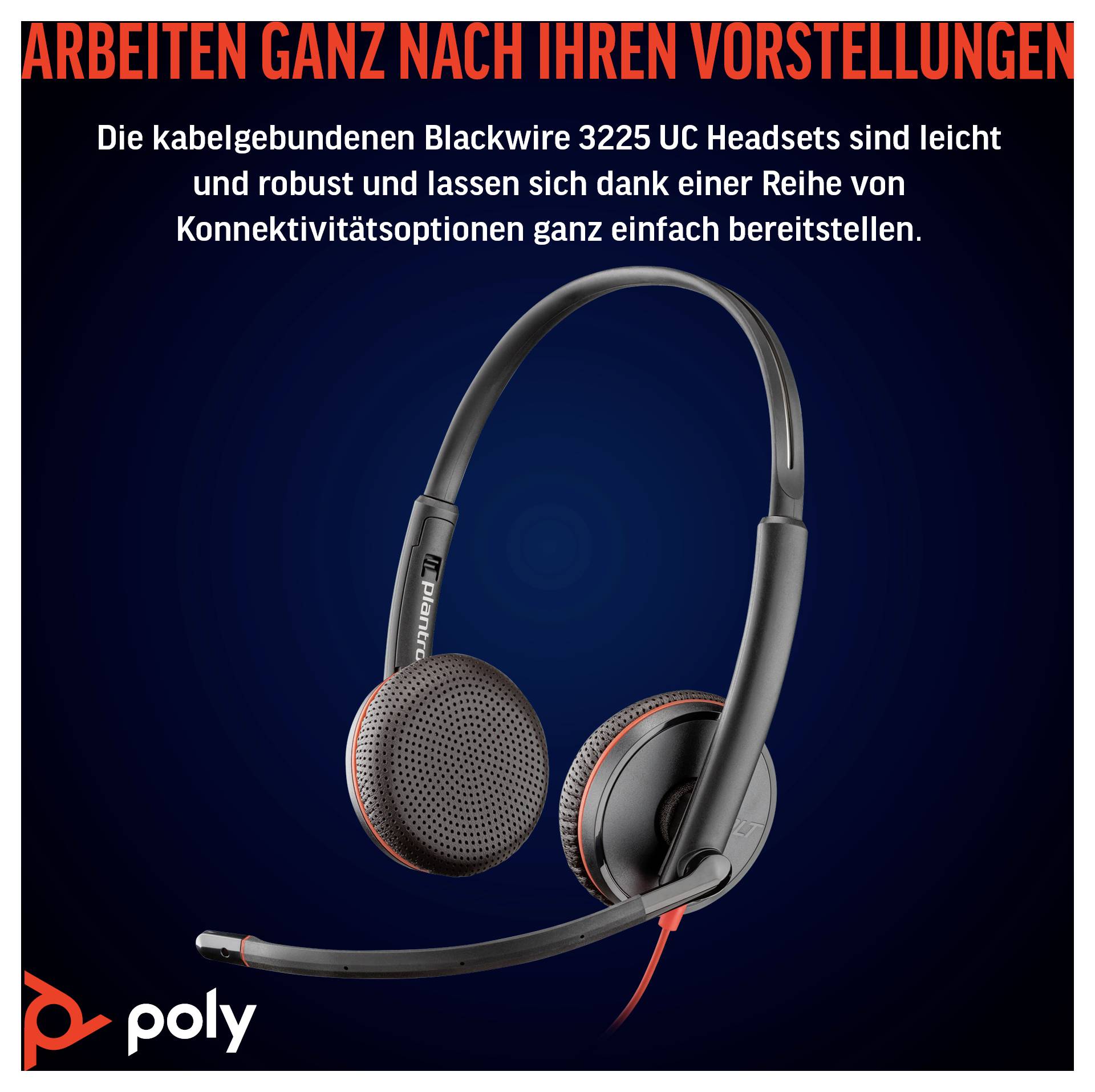 Ein schwarzes und rotes Headset mit Mikrofon, mit dem Titel „Arbeiten ganz nach Ihren Vorstellungen