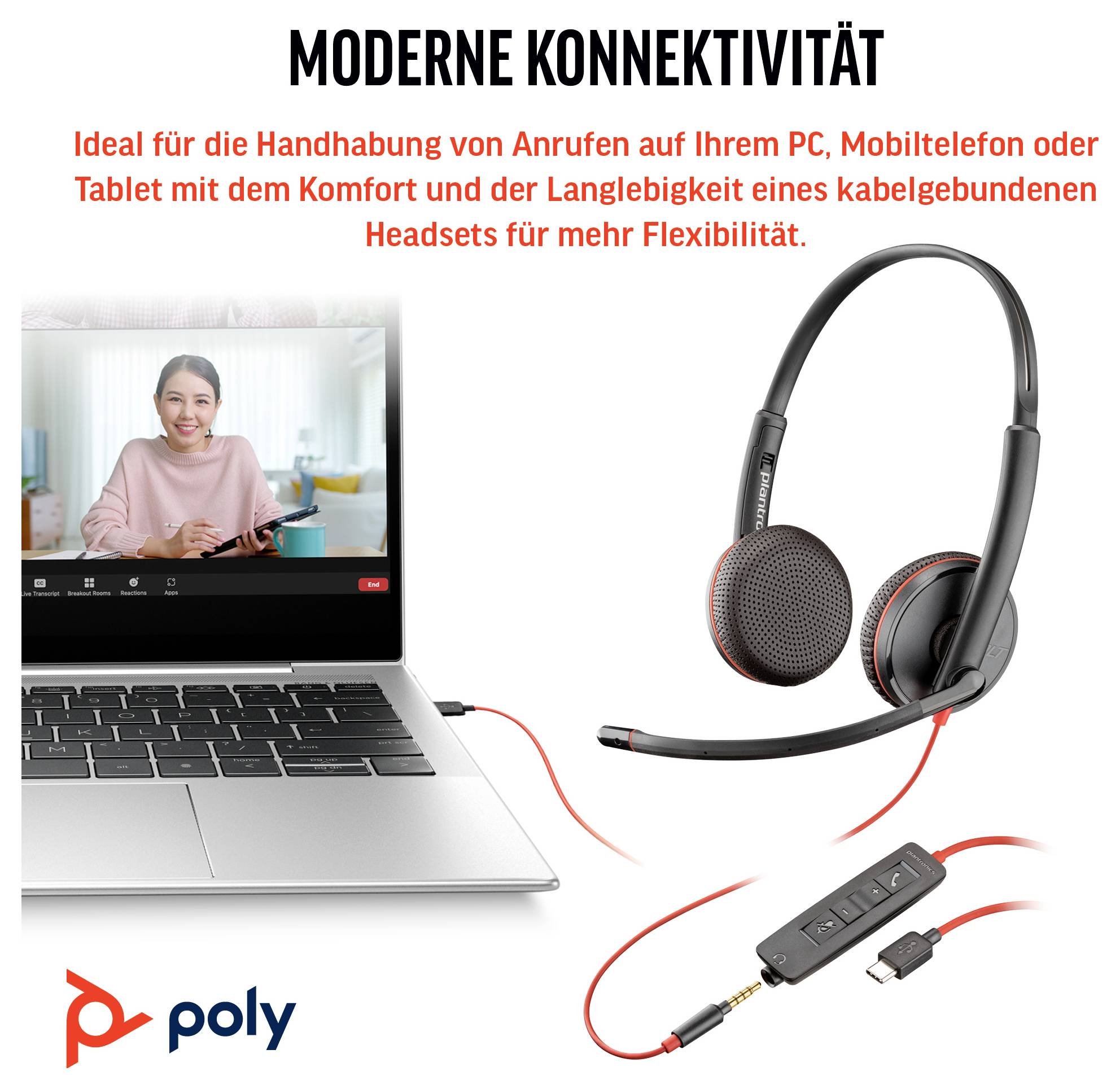 Ein Laptop während eines Videoanrufs mit einer lächelnden Frau auf dem Bildschirm. Ein kabelgebundenes Headset ist mit dem Laptop verbunden. Der Text lautet „Moderne Konnektivität