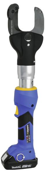 Ein blau-schwarzes schnurloses hydraulisches Werkzeug mit einem zangenartigen Ende, das zum Schneiden oder Crimpen bei elektrischen und mechanischen Aufgaben verwendet wird.