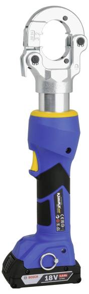 Ein blaues kabelloses hydraulisches Crimpwerkzeug mit schwarzem Griff und Befestigung an der Oberseite, gekennzeichnet mit „18V Li-ion