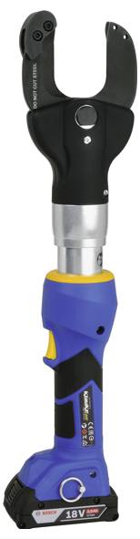 Ein blaues und schwarzes schnurloses hydraulisches Crimpwerkzeug mit 18-V-Akku zum Verbinden von Kabeln.