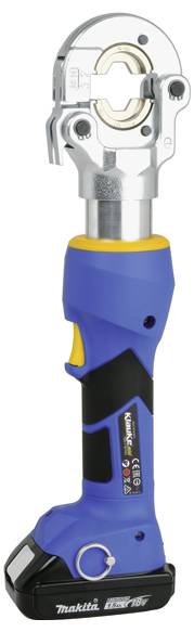 Ein blau-schwarzes schnurloses Elektrowerkzeug mit metallischem Kopf, das zum Quetschen ausgelegt ist und über einen Griff und eine Basis für die Batteriebefestigung verfügt.