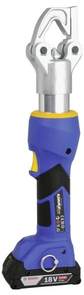 Ein blau-schwarzer tragbarer hydraulischer Kabelschneider mit silbernem Schneidekopf, verwendet für strapazierfähiges Schneiden von Drähten. Er verfügt über einen 18-V-Akku.