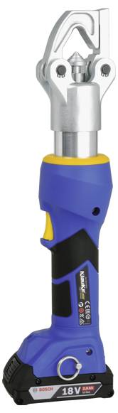 Ein blauer und gelber elektrohydraulischer Schneider mit einer robusten Metallklinge, konzipiert für effiziente und präzise Schnitte in verschiedenen Materialien.