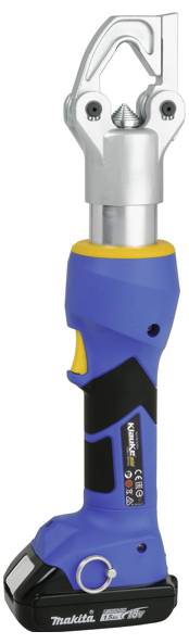 Ein blau-gelbes hydraulisches Schneidewerkzeug mit metallischem Kopf, schwarzer Basis und ergonomischem Griff, konzipiert für kraftvolles und präzises Schneiden.