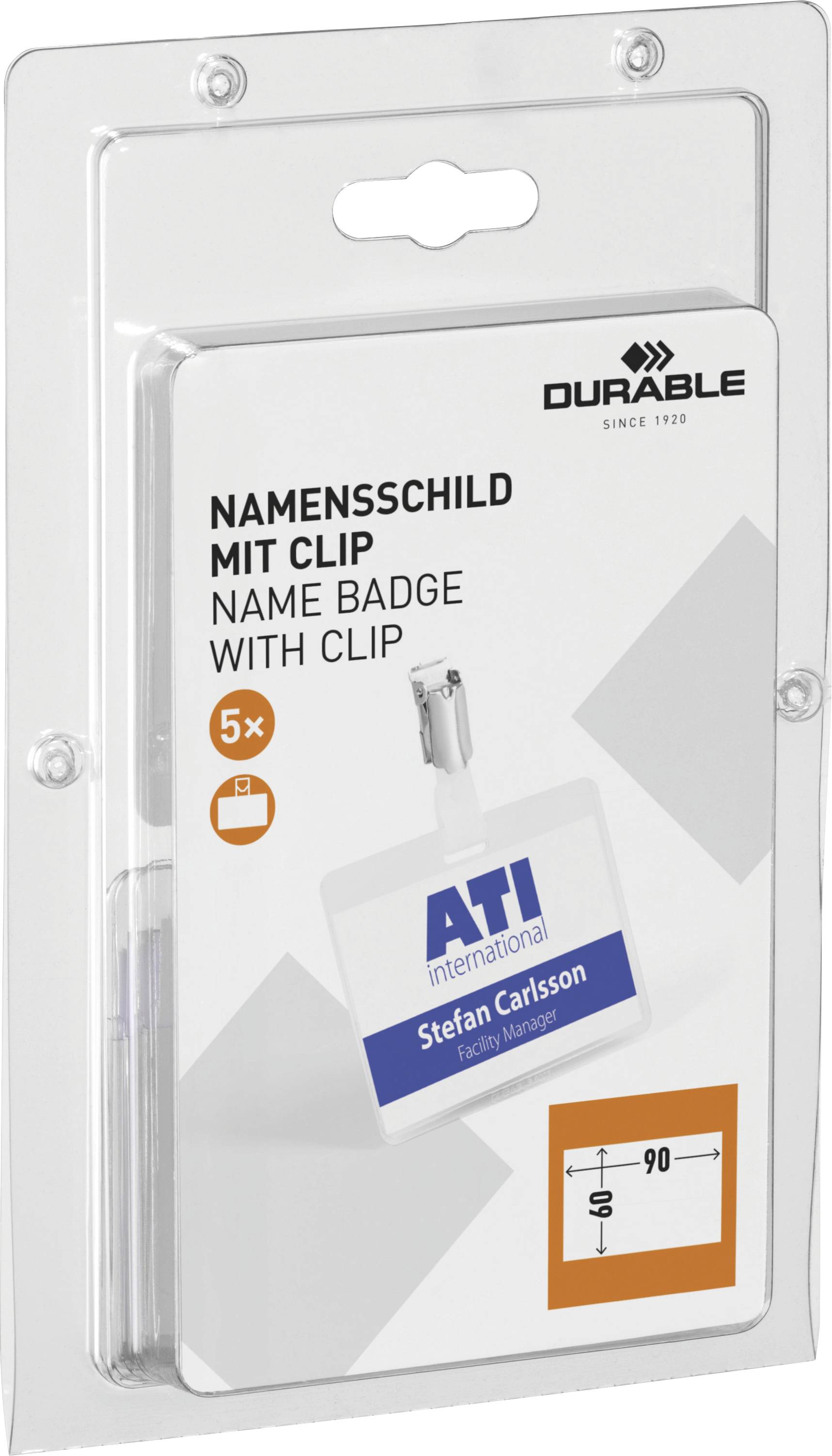 Pack von 5 Namensschildern mit Clip, beschriftet ATI international, Stefan Carlsson. Haltbare Marke.