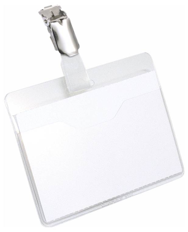 Ein leerer, durchsichtiger Kunststoff-Namensschild-Halter mit Metallclip, bereit zur Einfügung eines Ausweises oder Namenschilds.