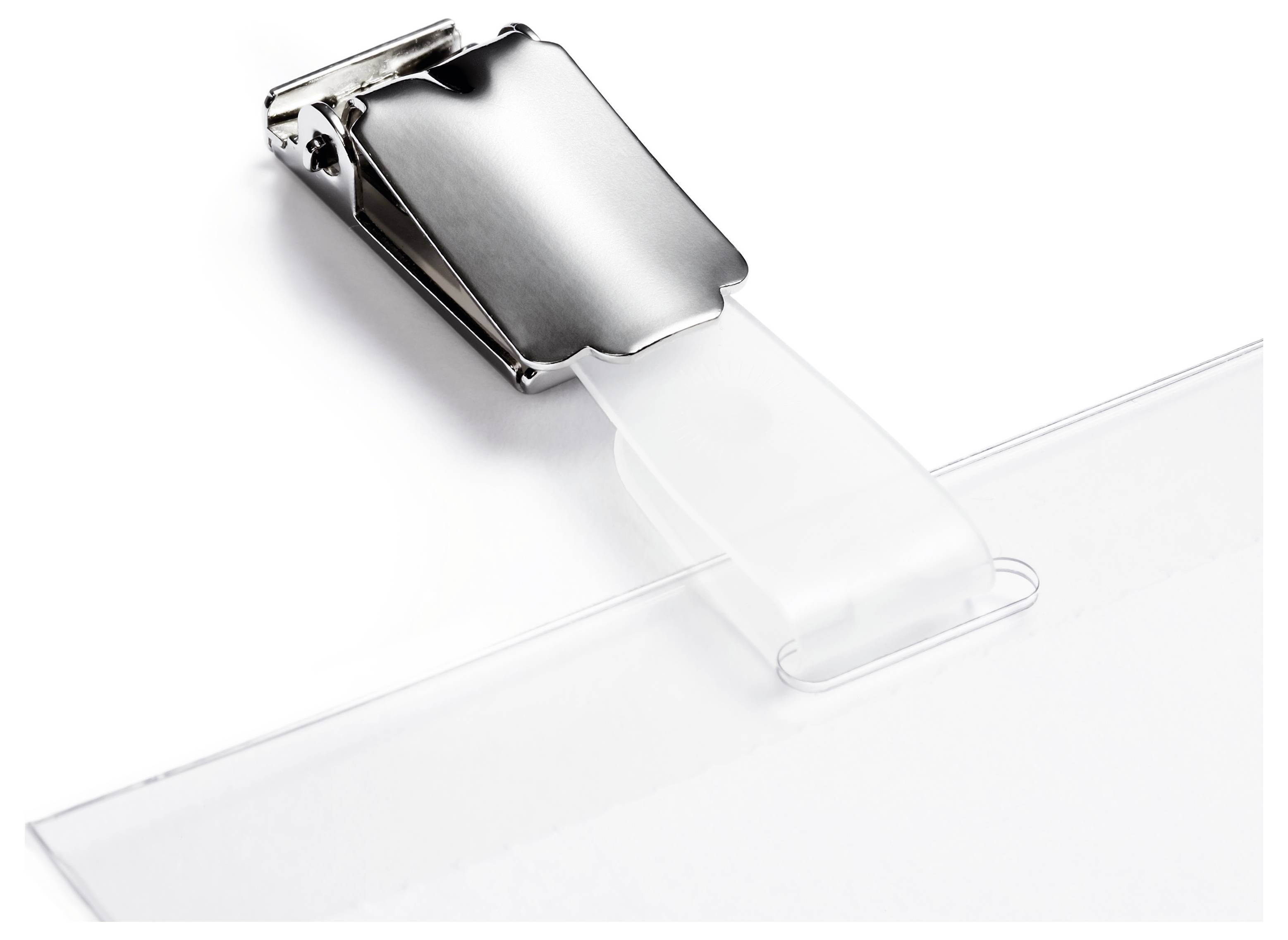 Metallclip befestigt an einem durchsichtigen Ausweishalter. Der Clip wird mit einem durchscheinenden Kunststoffband befestigt, das mit dem Ausweis verbunden ist.