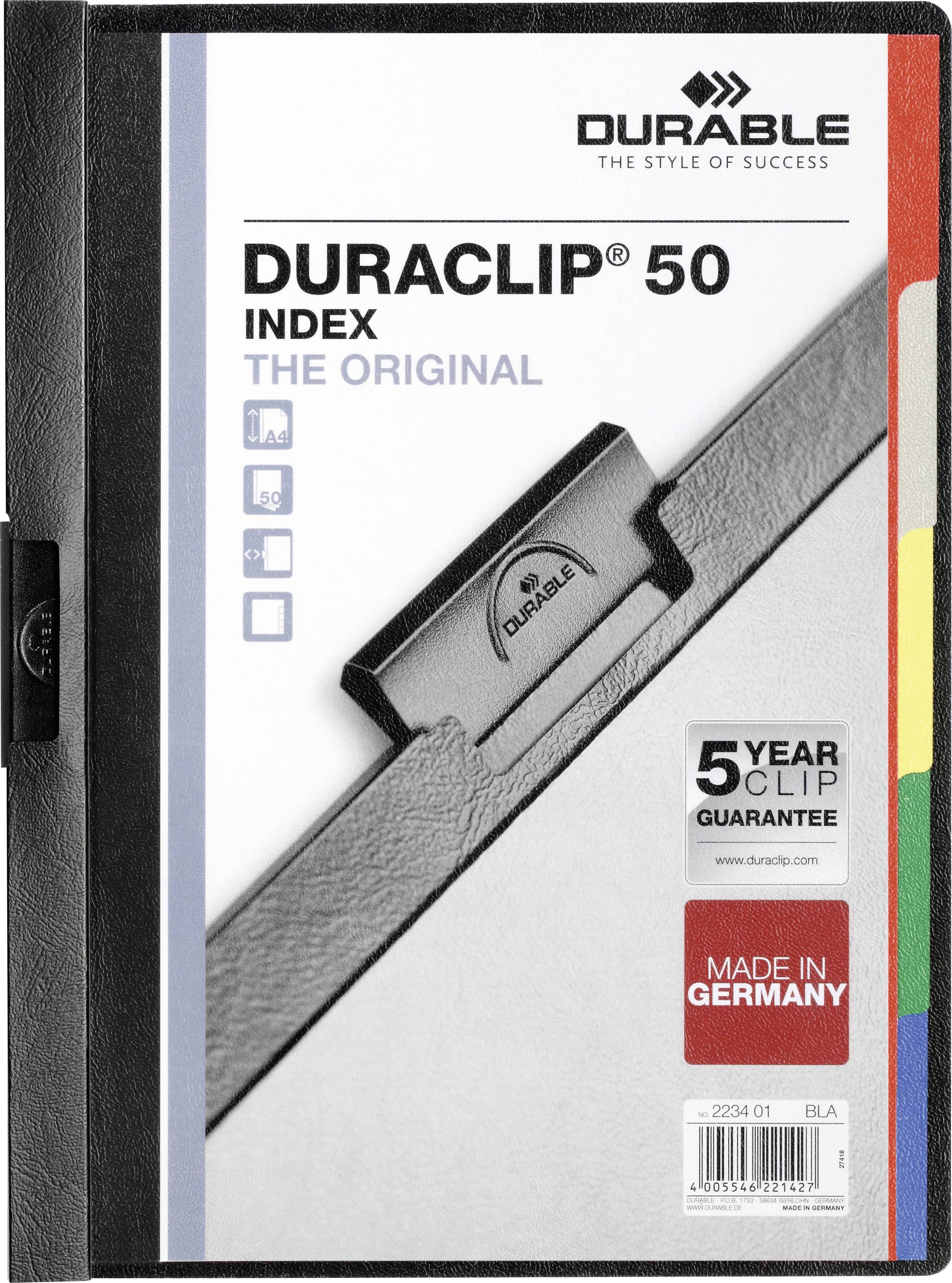 Ein schwarzes 'Duraclip 50 Index' Klemmbrett mit dem Tagline 'The Original', mit Symbolen, einer 5-Jahres-Klemm-Garantie und 'Made in Germany'.