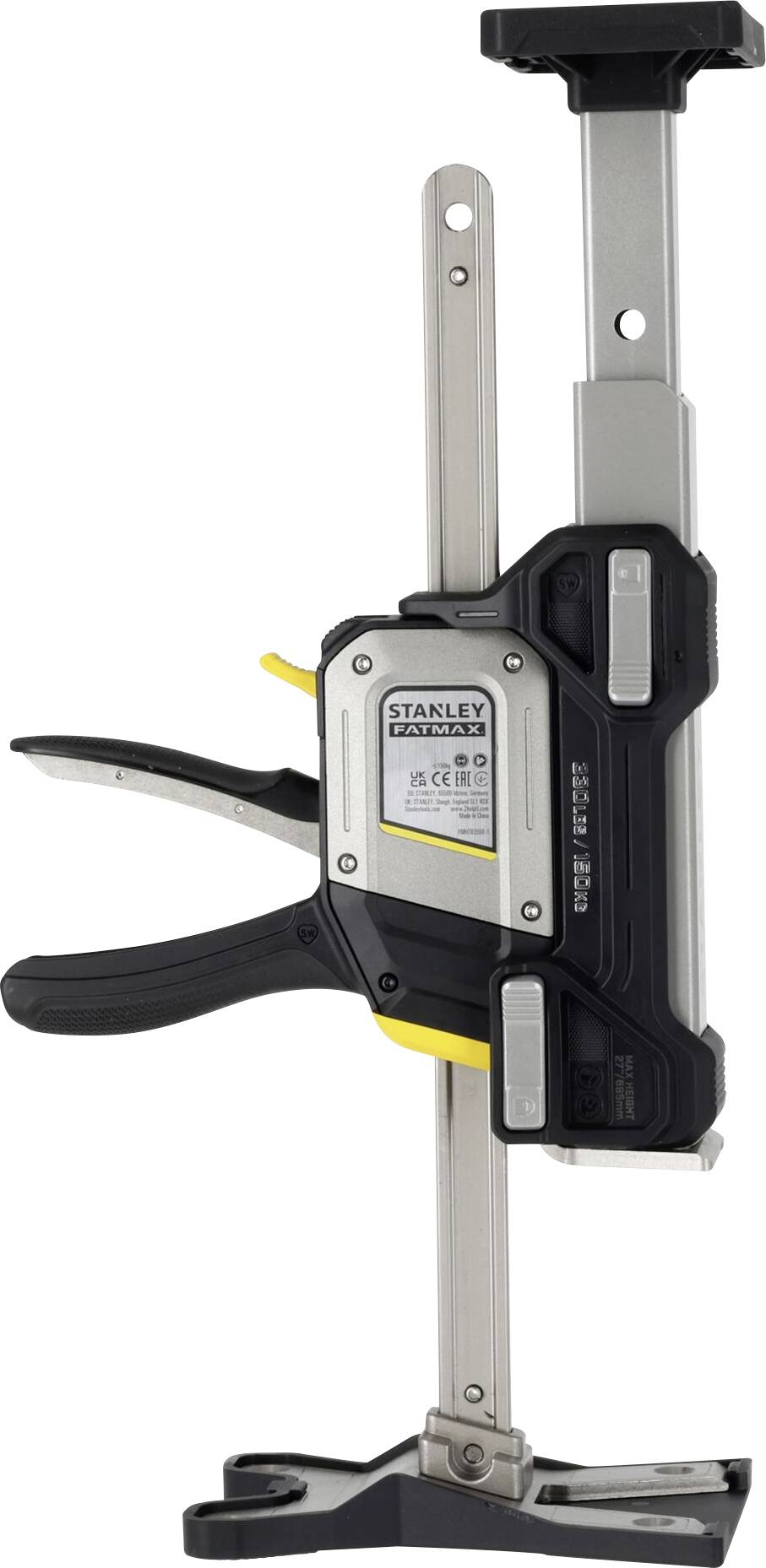 Eine schwarze und silberne Schwerlaststlemme mit Schraubgriff und verstellbarem Mechanismus mit der Bezeichnung „Stanley