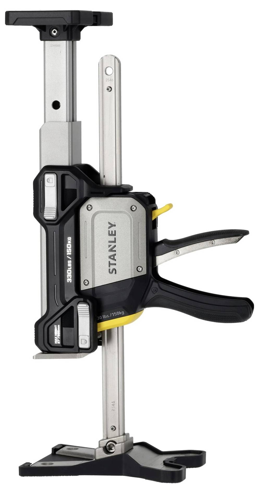 Ein schwarzes und silbernes Stanley-Werkzeug mit Klemmen und einem Hebel, das zum sicheren Greifen und Fixieren von Objekten an Ort und Stelle entwickelt wurde.