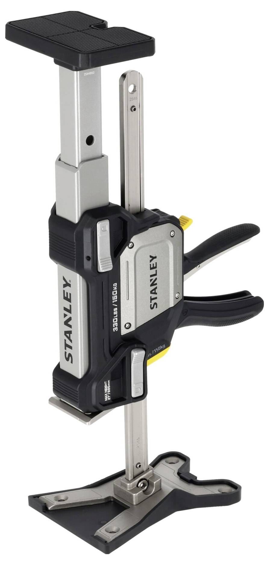 Ein schwarzes und silbernes verstellbares Stanley-Stützstangenwerkzeug mit Griff und Basis, das zum Halten von Objekten an Ort und Stelle während der Konstruktion verwendet wird.