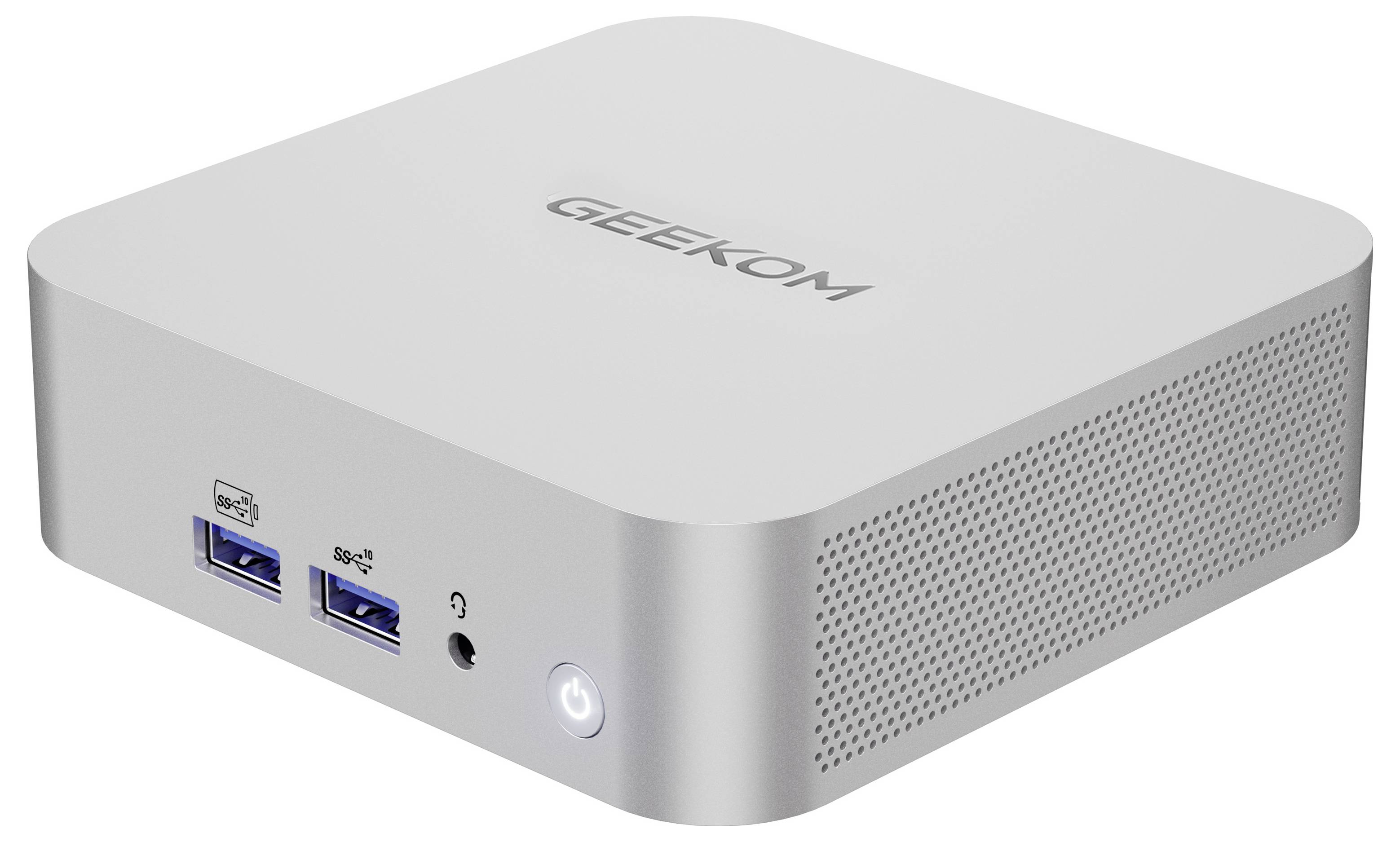 Kompakter GEEKOM mini PC mit zwei USB-A-Anschlüssen, Kopfhöreranschluss und vorderer Einschaltfläche auf einem silbernen Gehäuse.
