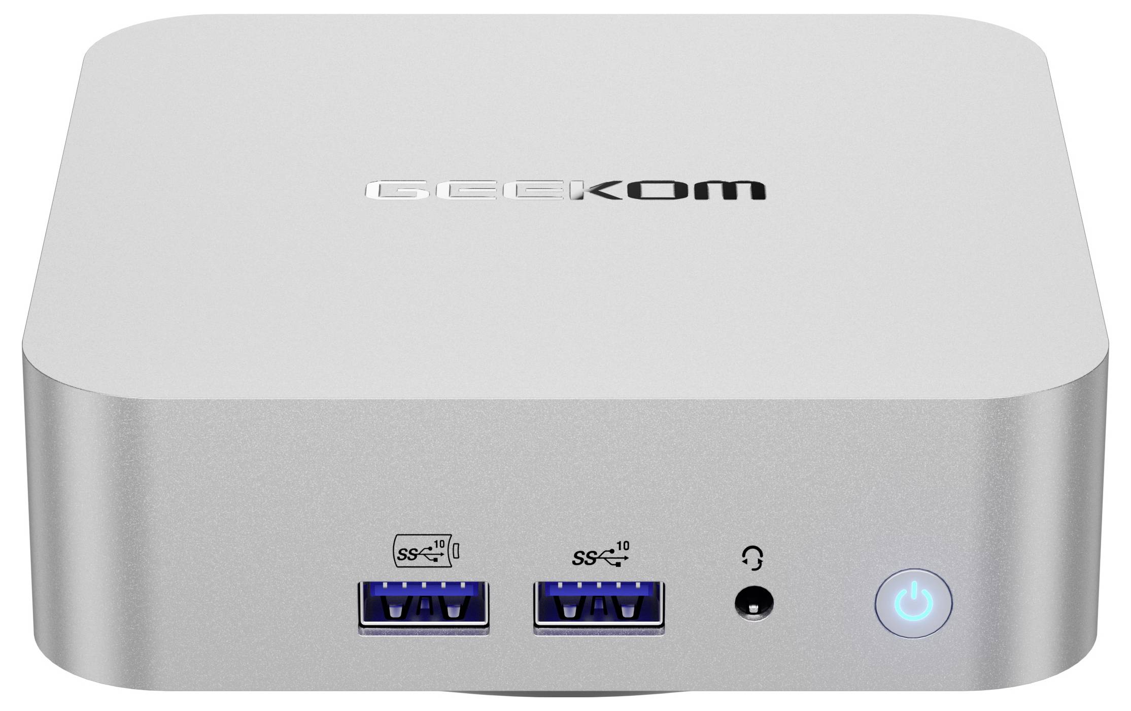 Kompakter Geekom Mini-PC mit vorderen USB-Anschlüssen, Kopfhörerbuchse und beleuchtetem Netzschalter.
