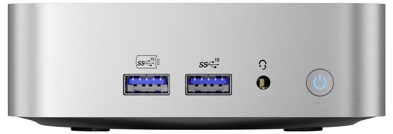 Vorderansicht eines silbernen Mini-PCs mit zwei USB-A-Anschlüssen, einer Kopfhörerbuchse und einem blauen Stromschalter auf der rechten Seite.