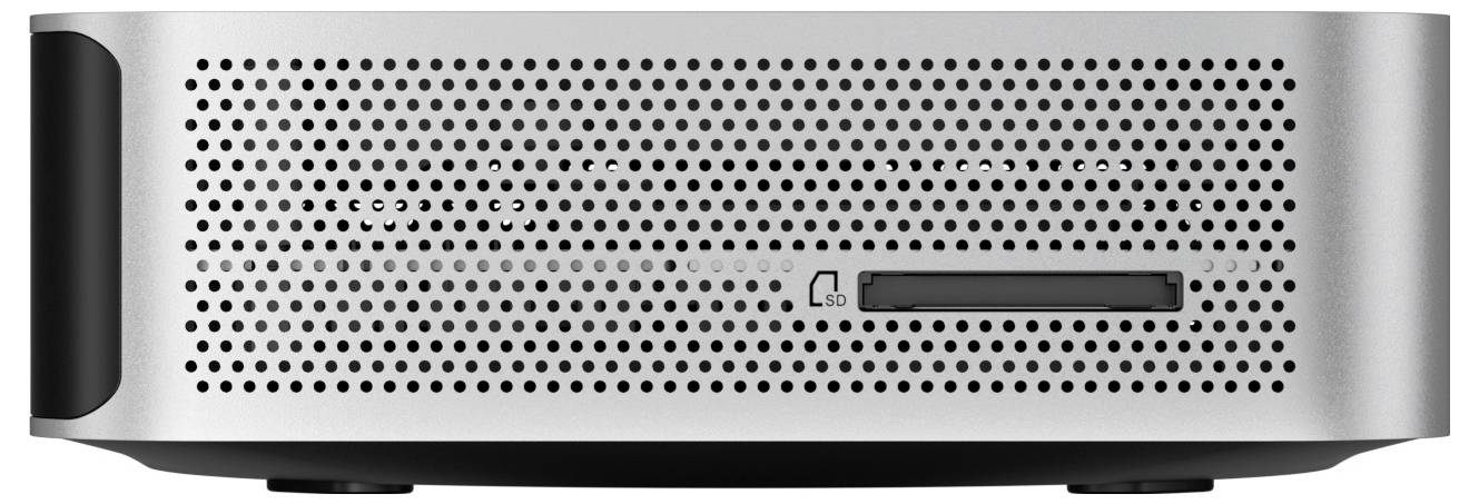 Vorderansicht eines silbernen elektronischen Geräts mit einem perforierten lautsprecherähnlichen Gitter, schwarzem Seitengriff und einem kleinen rechteckigen Anzeigeschlitz auf der rechten Seite.