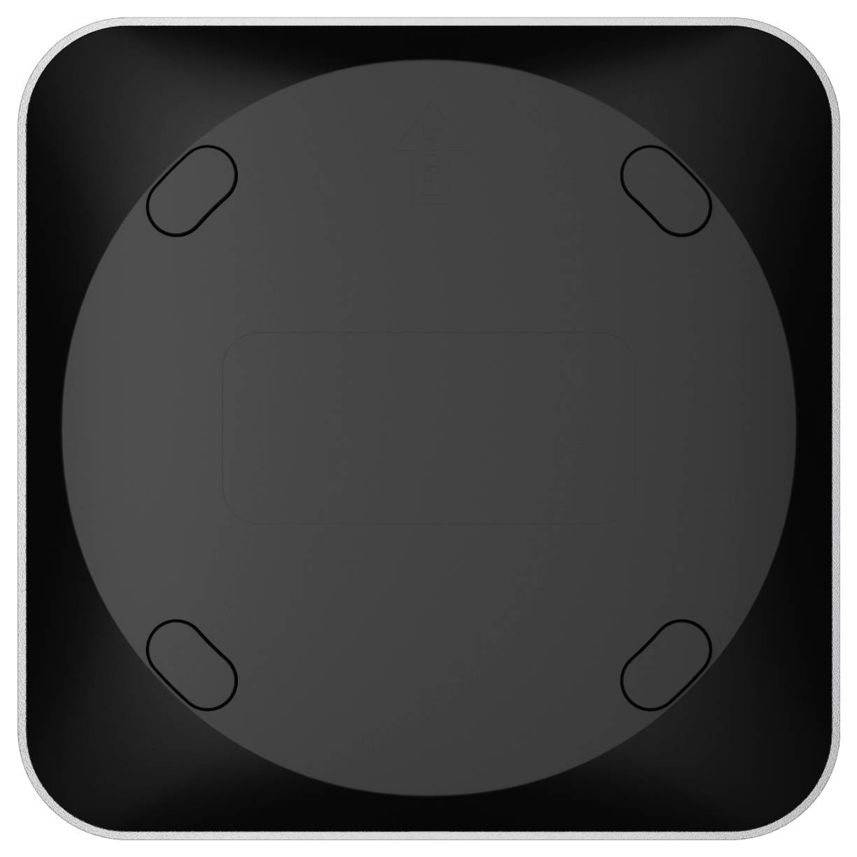 Dunkles abgerundetes Quadrat-Symbol mit einem großen grauen Kreis und vier kleinen Eck-Ovals, das einem minimalistischen Gerät oder Steuerpad ähnelt.
