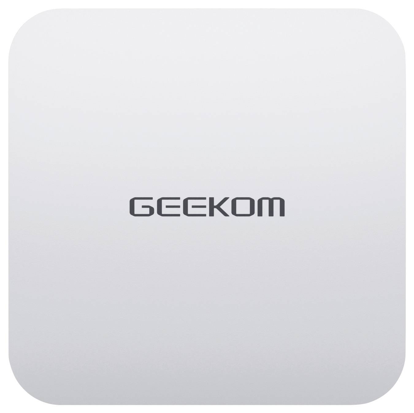 Silbernes quadratisches Gerät mit abgerundeten Ecken, das das Logo „GEEKOM
