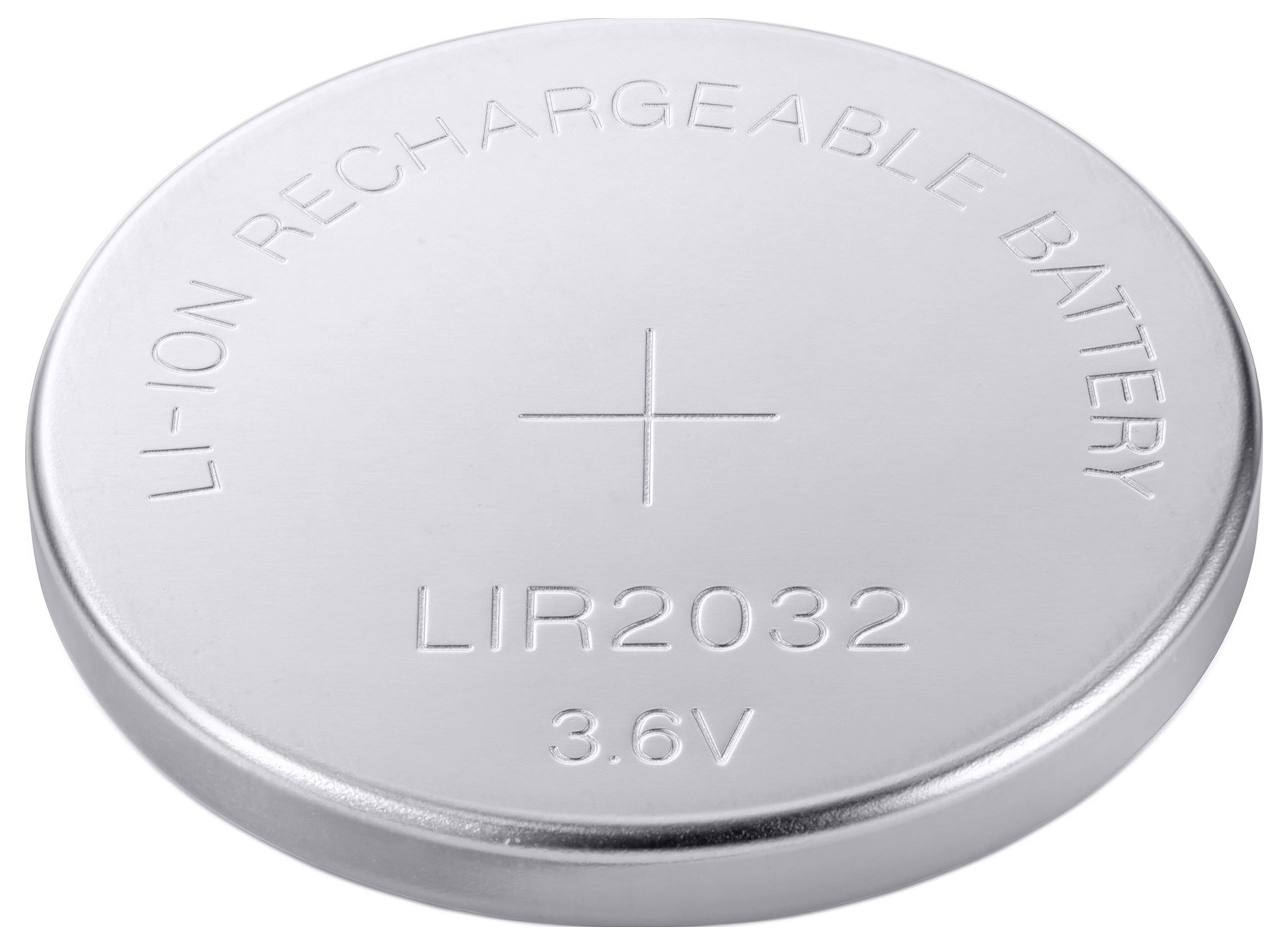 Silber-Lithium-Knopfzelle CR2032 mit der Beschriftung „LITHIUM RECHARGEABLE BATTERY