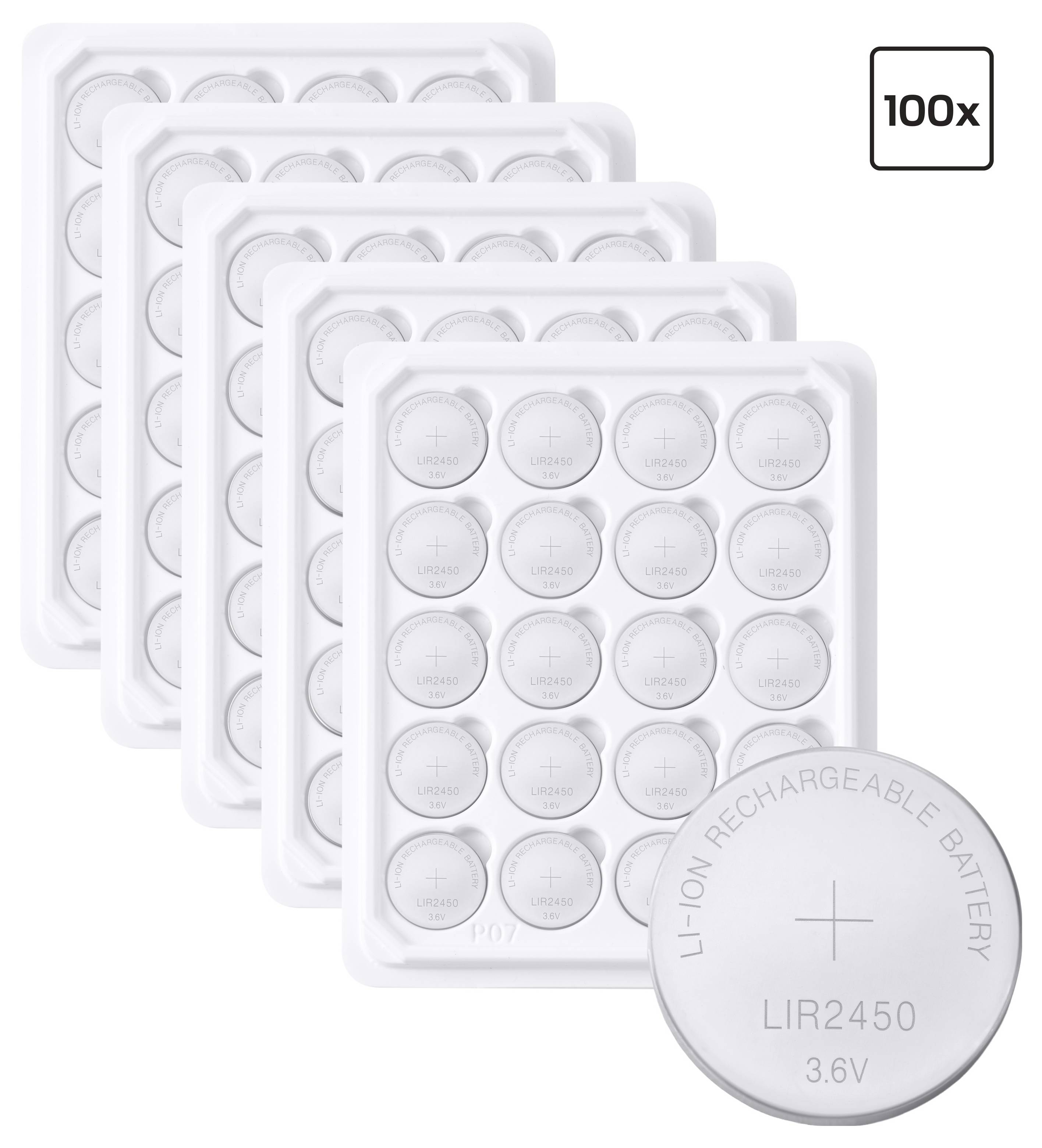 Stapel aus fünf weißen 24-Zellen-Lithium-Ionen-Batteriepacks mit einer Nahaufnahme eines wiederaufladbaren Akkus 