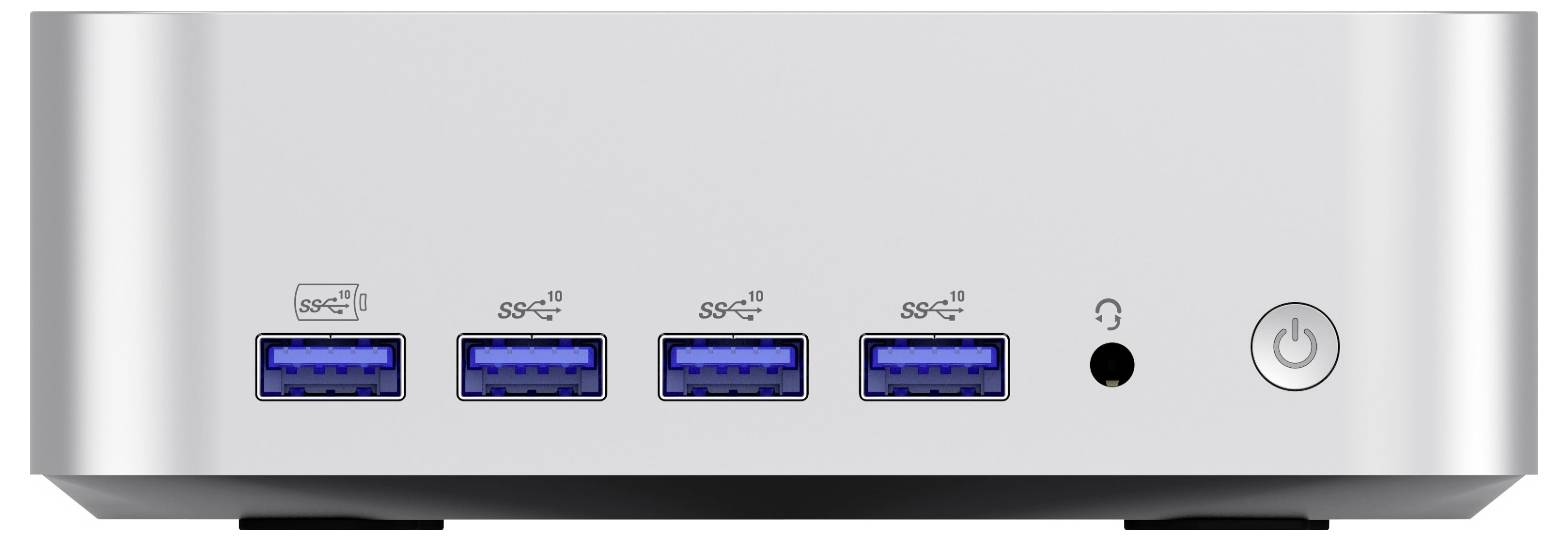 Vorderansicht eines silbernen Geräts mit vier blauen USB-Anschlüssen, einer kleinen Kopfhörerbuchse und einem runden Schalter auf der rechten Seite.