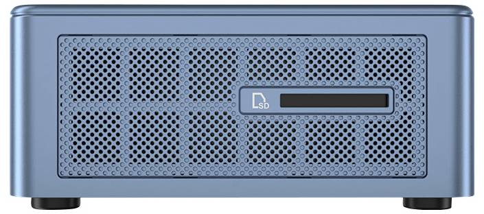 Blaugrünes rechteckiges Computer-Speichergerät mit einem vorderen Belüftungsgitter und einem SD-Kartensteckplatz, dargestellt auf weißem Hintergrund.