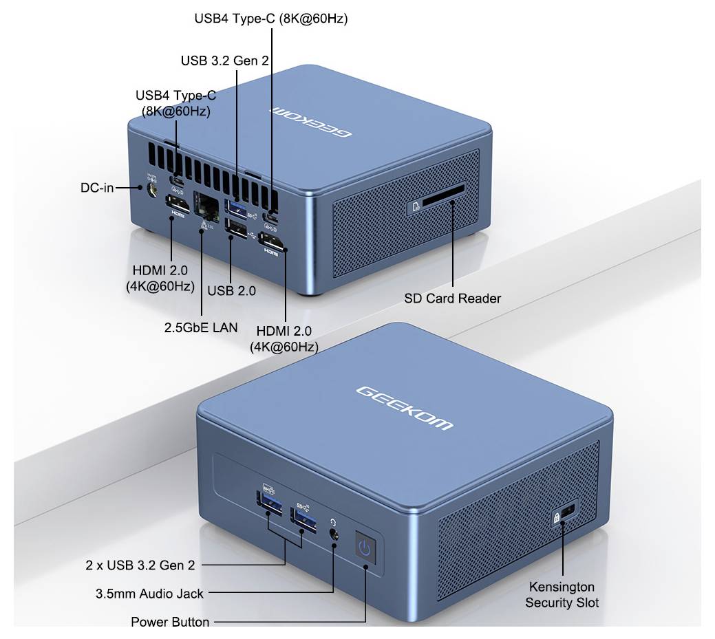 Annotiertes Produktbild eines GEEKOM Mini-PCs mit Anschlüssen vorne und hinten: USB4 Typ-C 8K@60Hz, USB 3.2 Gen 2, HDMI 2.0 4K@60Hz, 2,5GbE LAN, SD-Kartenleser, USB 2.0, Audiobuchse, Stromschalter und Kensington-Schloss.