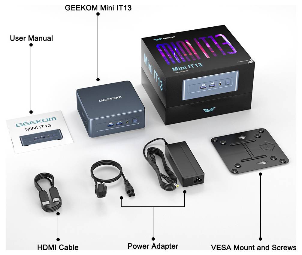 GEEKOM Mini IT13 Paketinhalt gezeigt: Mini-PC, Karton, Benutzerhandbuch, HDMI-Kabel, Netzteil und VESA-Halterung mit Schrauben.