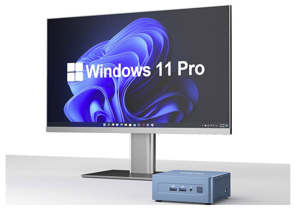 Ein Windows 11 Pro Display auf einem Monitor neben einem kleinen blauen kompakten PC auf einer weißen Oberfläche.
