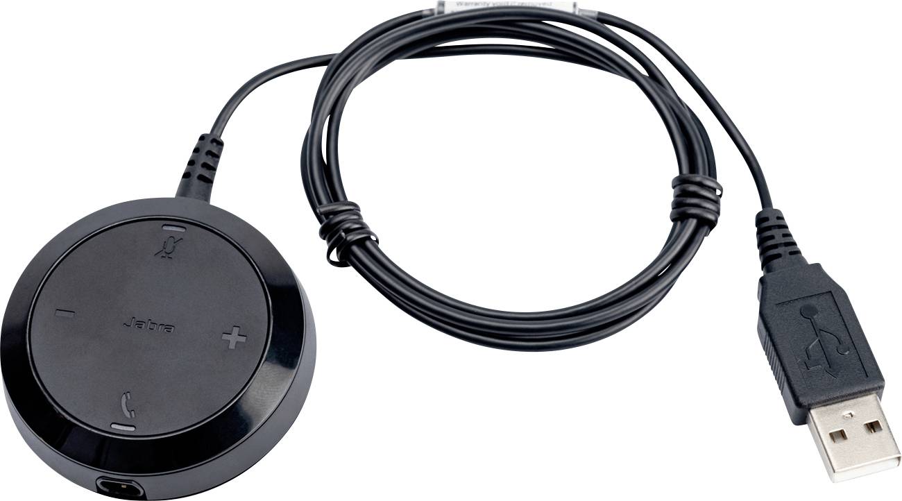 Ein rundes, schwarzes Steuergerät mit Lautstärketasten und Anrufkontrollsymbolen ist mit einem USB-Kabel verbunden und wird zur Verwaltung von Bluetooth-Audio verwendet.