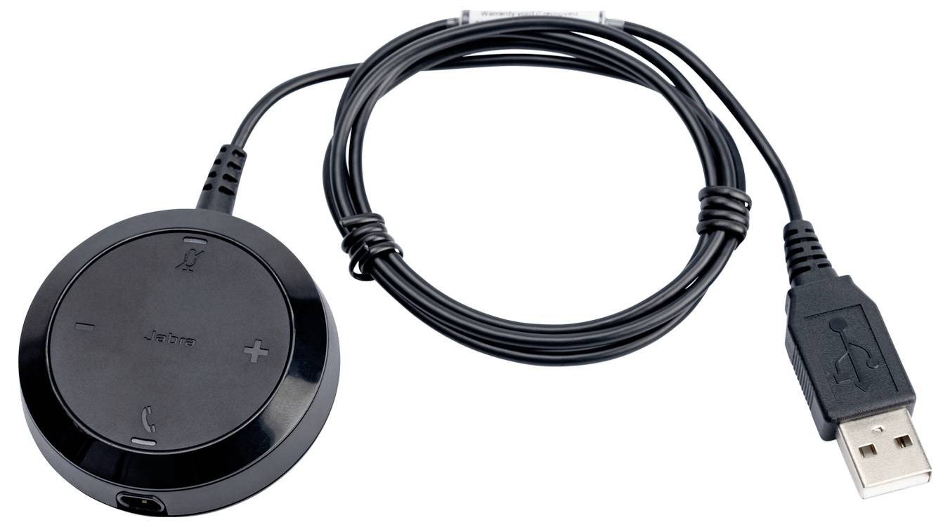 Ein schwarzes rundes Audiosteuergerät mit USB-Anschluss, ausgestattet mit Lautstärke- und Anruftasten, verbunden durch ein langes Kabel.