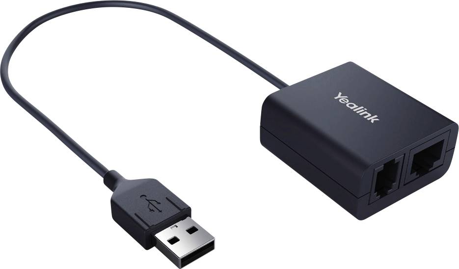 Ein schwarzer Yealink USB-zu-Dual-RJ-45-Adapter mit USB-Steckkabel an einem Ende und zwei RJ-45-Anschlüssen am anderen Ende.