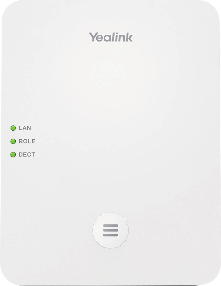 Eine weiße Yealink DECT-Basisstation mit drei grünen Kontrollleuchten mit den Bezeichnungen „LAN