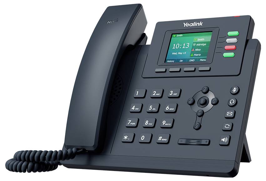 Ein schwarzes Bürotischtelefon mit einem kleinen Display, das die Uhrzeit und Benutzeroptionen anzeigt. Es hat eine Tastatur, Funktionstasten und ein spiralförmiges Kabel.
