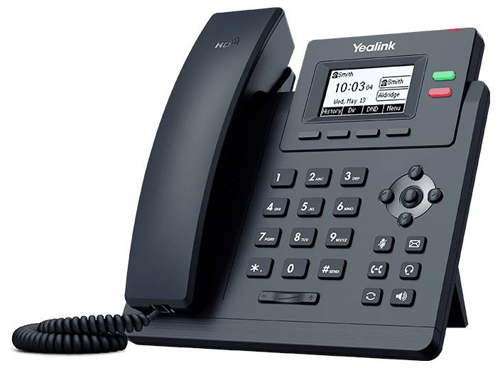 Ein schwarzes Bürotischtelefon mit einem Display, das „10:03 AM