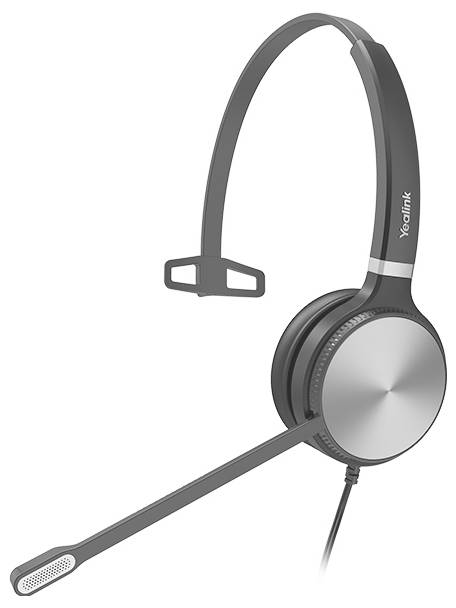 Ein schwarzes und silbernes Headset mit einem Mikrofonarm, Marke „Yealink