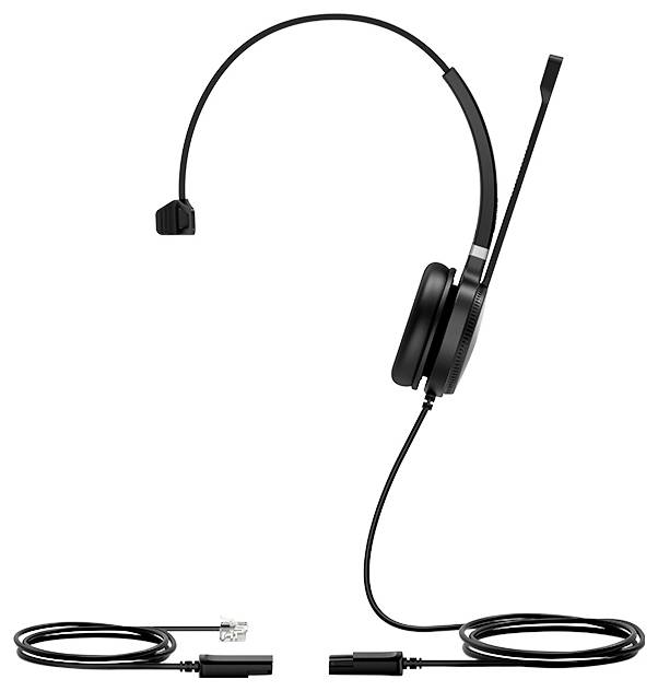 Ein schwarzes schnurloses Headset mit einem einzelnen Ohrhörer und angebrachtem Mikrofon, das über einen USB-Anschluss und eine Inline-Steuerung am Kabel verfügt.