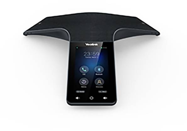 Ein schwarzes Konferenztelefon mit einem Touchscreen, der Symbole für „Anruf