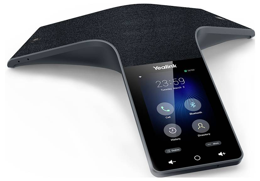 Yealink Konferenztelefon mit Touchscreen, das Optionen zeigt: Anruf, Bluetooth, Verlauf, Verzeichnis. Gerät für Audiobesprechungen konzipiert.