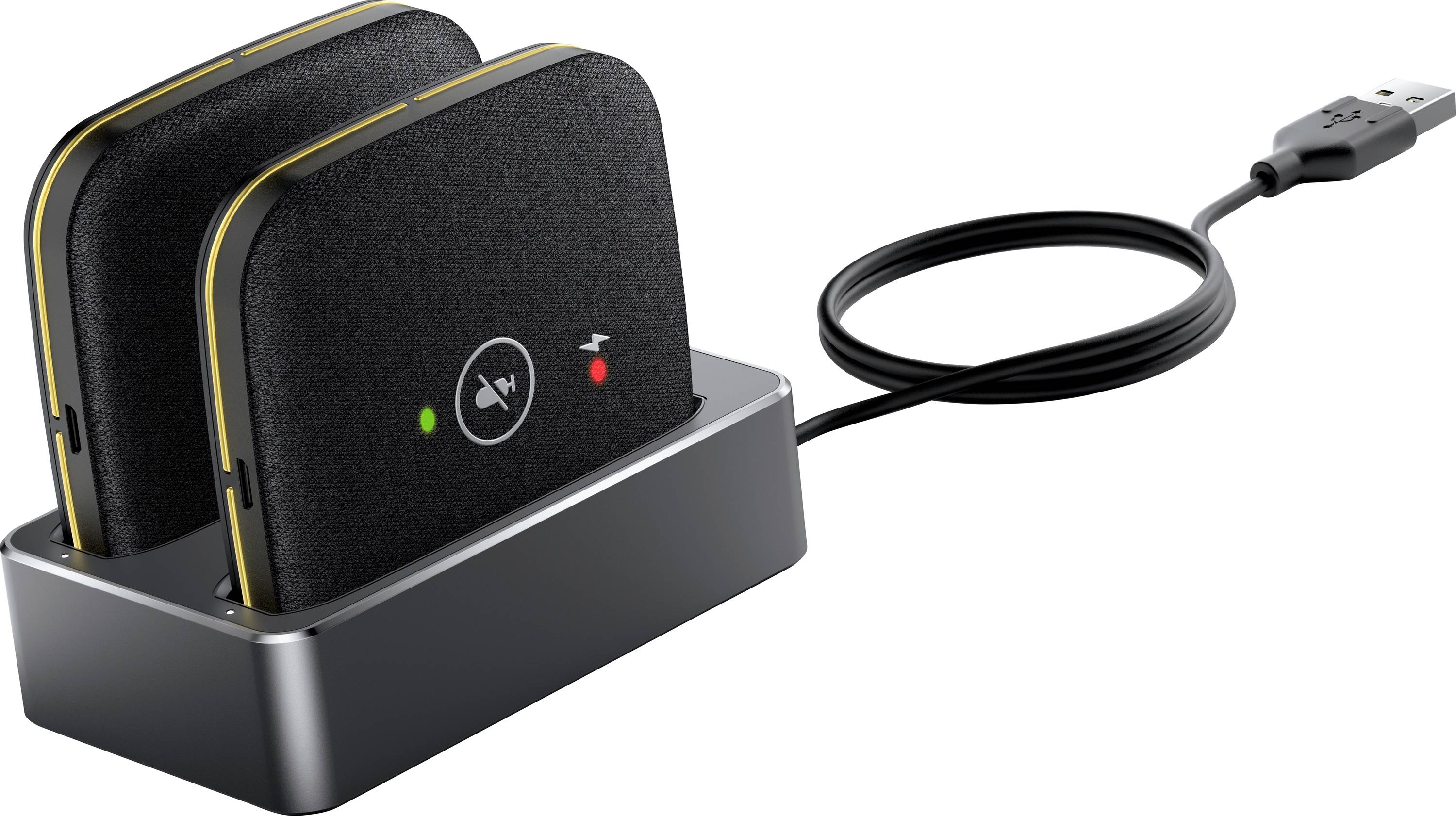 Dual-Ladedock für zwei Batterien, über USB verbunden, mit zwei rechteckigen schwarzen Batterien mit LED-Anzeigen zur Anzeige des Ladevorgangs.