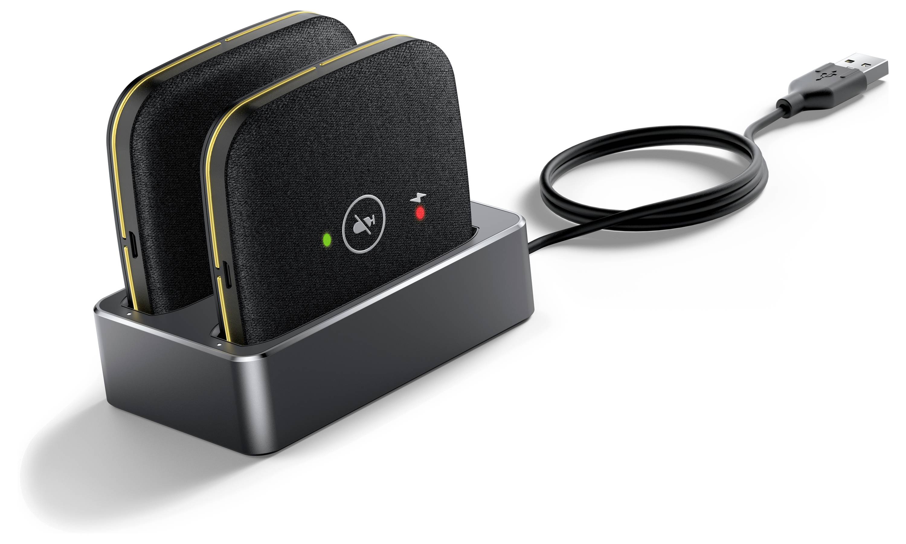 Kabelloses Ladegerät mit zwei Ladepads, wobei jedes Pad ein Batteriesymbol und Indikatoren für den Ladestatus anzeigt, verbunden über ein USB-Kabel.