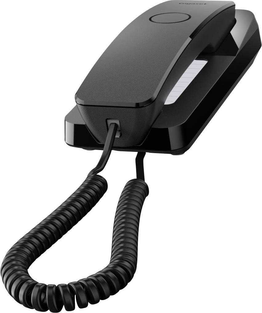 Ein schwarzes, schnurgebundenes Schnurtelefon mit angebrachtem Hörer und gewelltem Kabel, das an der Basis angeschlossen ist und auf einer ebenen Fläche ruht.