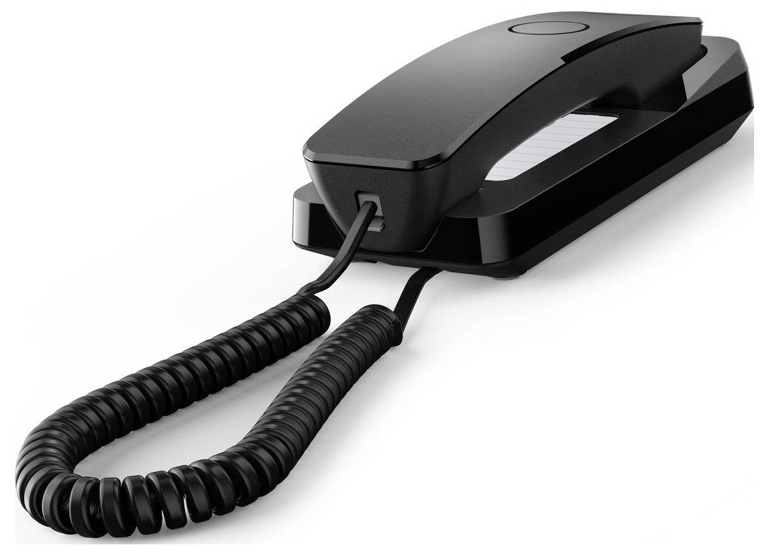 Ein schwarzes schnurgebundenes Festnetztelefon mit Spiralkabel, mit einem aus der Gabel genommenen Hörer, der auf der Basis ruht.