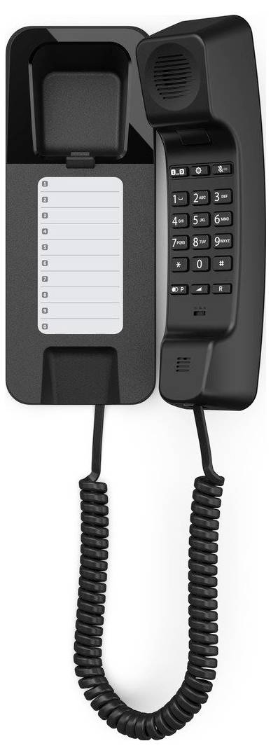 Ein schwarzes, an der Wand montiertes schnurgebundenes Telefon mit numerischer Tastatur und einem leeren Namensschild zum schnellen Wählen.