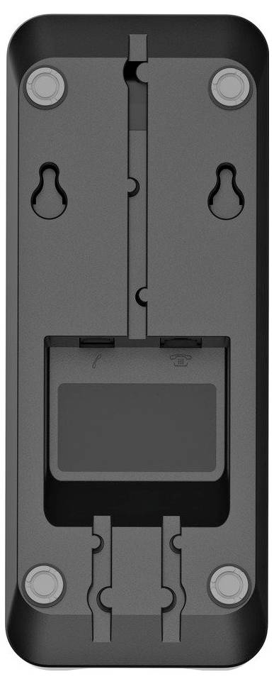 Schwarzes rechteckiges elektronisches Gerät mit vier Eckschrauben, zwei Schlüssellochaufhängungen und einem großen zentralen vertieften Bereich.