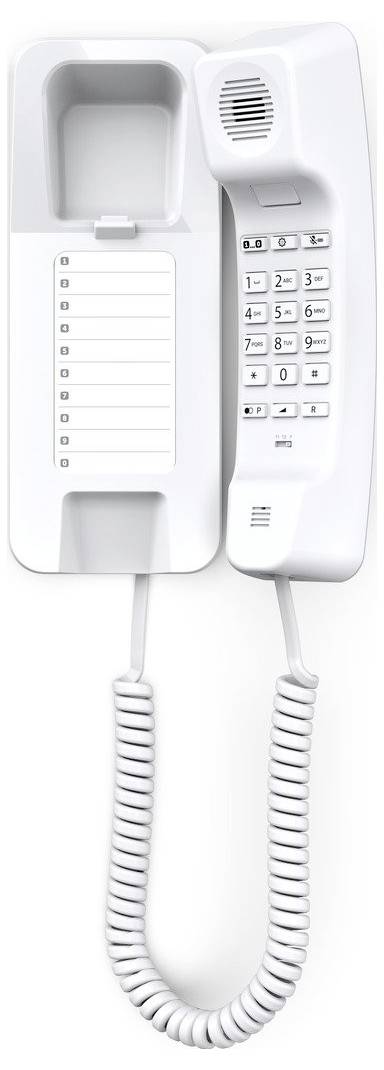 An der Wand montiertes weißes Telefon mit Kabel, numerischer Tastatur, angebrachtem Hörer und leerem Notizblock für Nachrichten, geeignet für die Nutzung im Haushalt.