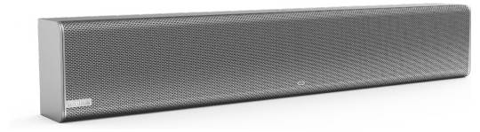 Eine schlanke silberfarbene Soundbar mit Lochblechgitter, entworfen für verbesserte Audioausgabe. Geeignet für moderne Heimkinoanlagen.
