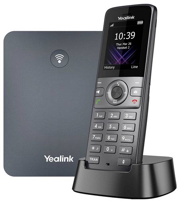 Ein kabelloses schwarzes schnurloses Telefon mit digitalem Display zeigt 