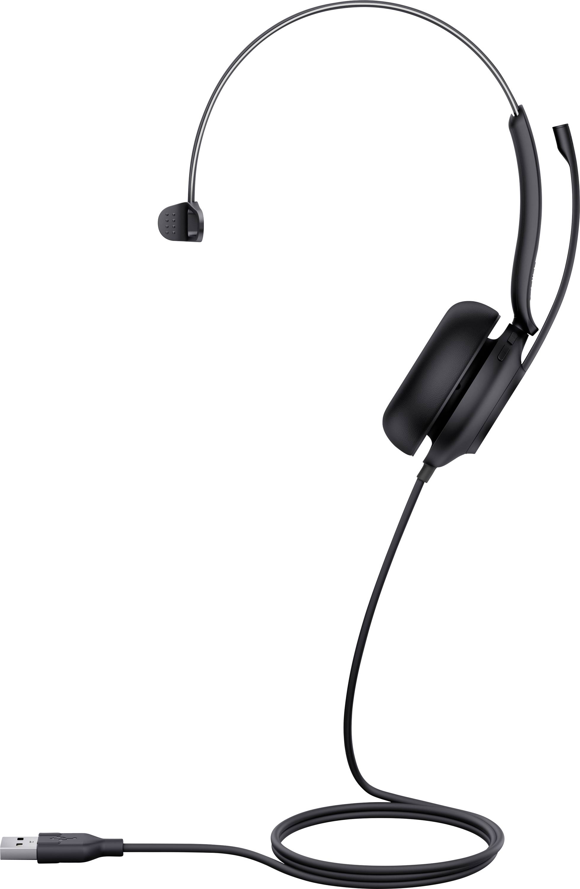 Ein schwarzes USB-Headset mit einer einzelnen Ohrmuschel und einem flexiblen Mikrofonarm, entwickelt für Kommunikation und ergonomischen Komfort.